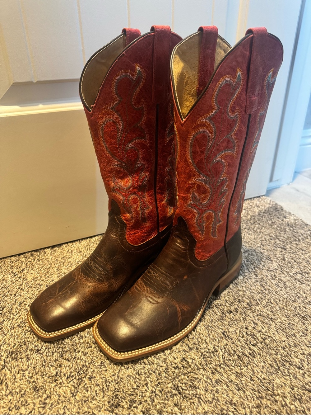 Macie Bean Women's Brown Leather Boots with Red Embroidered Shaft
